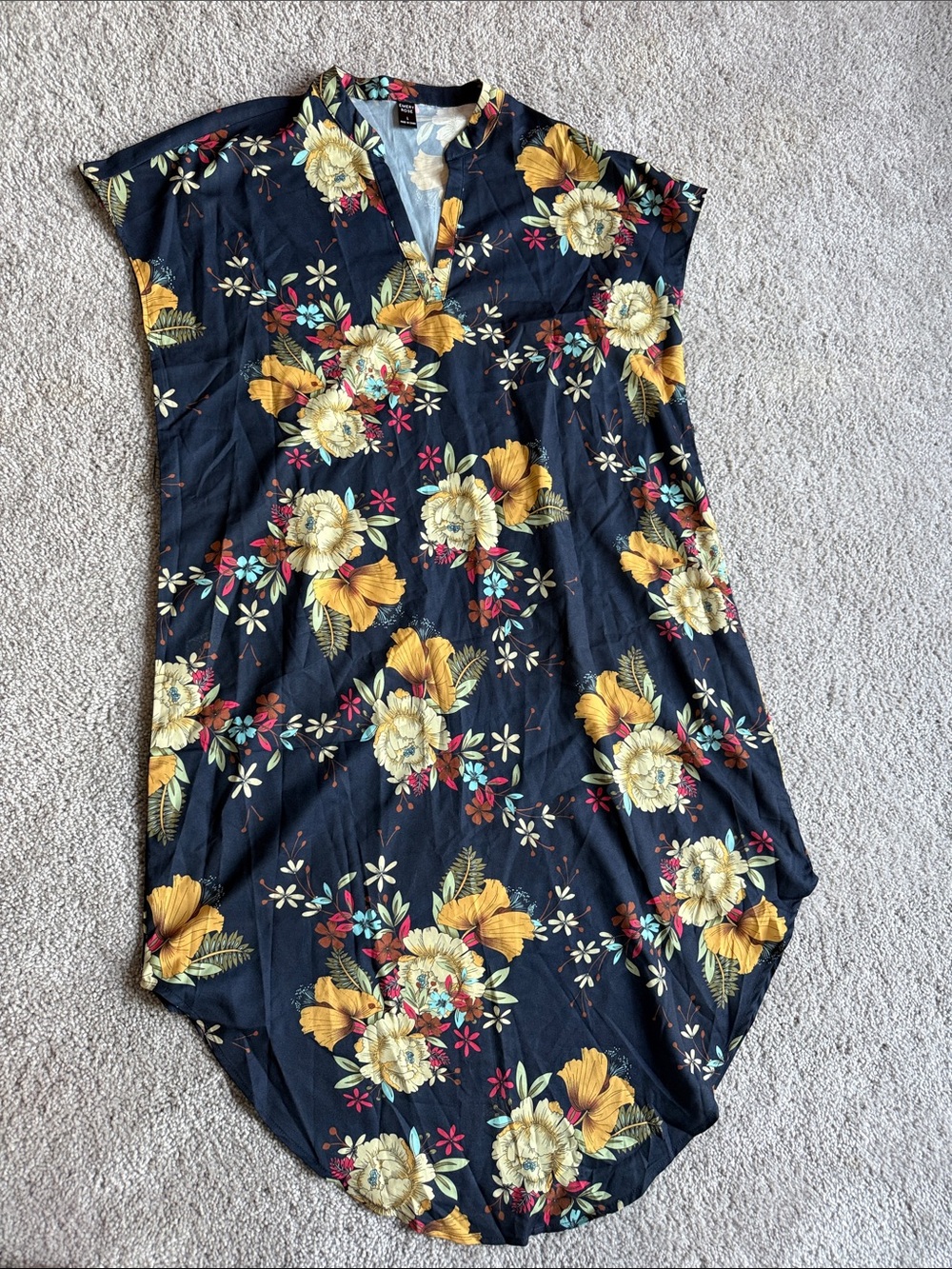 Floral V-Neck Midi Dress in Navy and Yellow